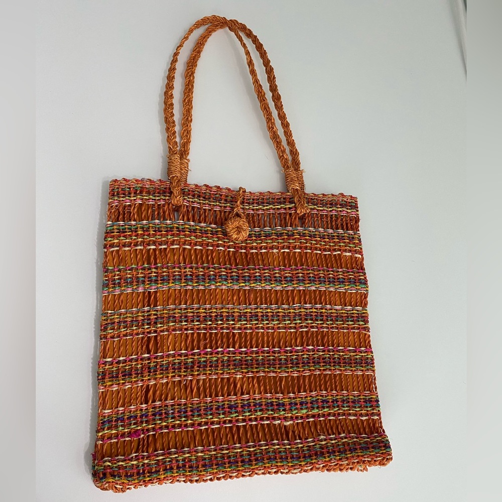 Orange Multicoloured Striped Summer Straw Tote Bag